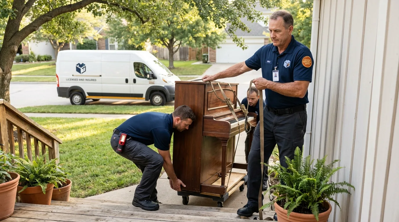 Licensed piano movers securing grand piano in Brockway, PA