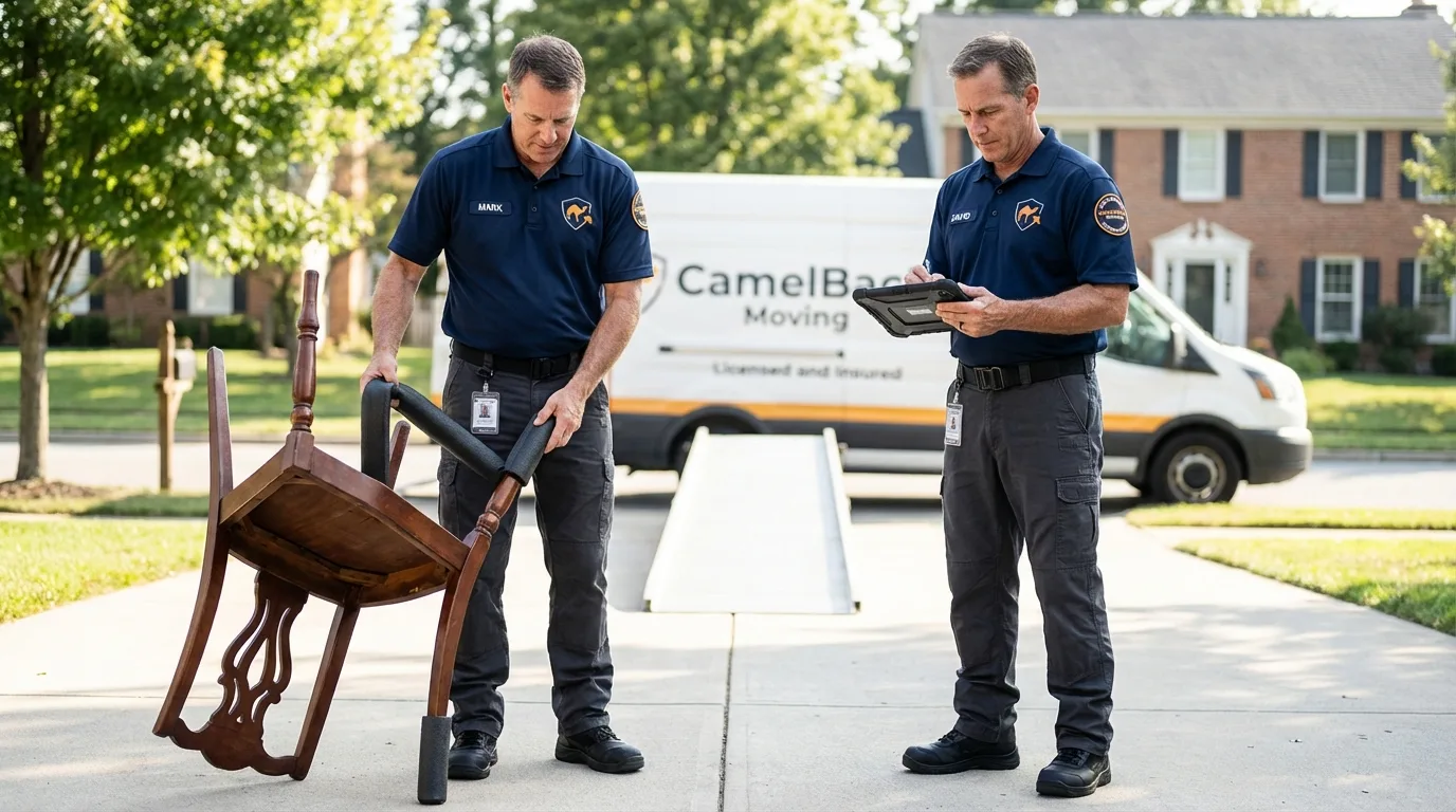 Movers inspecting furniture for damage prevention before loading in Brockway, PA